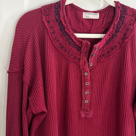 Free People We The Free Holly Henley Red Oversized Top Boho Blouse Size Large - Picture 3 of 7